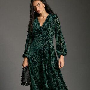 New Anthropologie Hutch Long-Sleeve Velvet Wrap Maxi Dress Burnout Green  XL